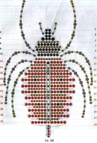 Паук из бисера со схемой и описанием для начинающих