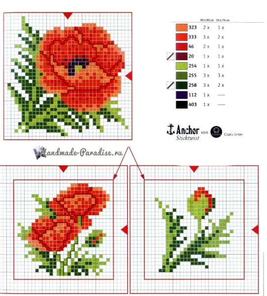 Красные маки - схемы вышивки крестом