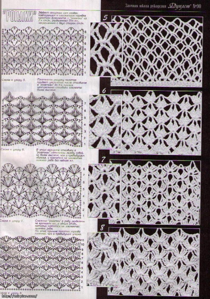 Сетка крючком со схемой узоров и описанием